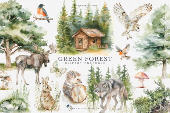 Download Watercolor Green Forest Clipart Set - Forest Collection