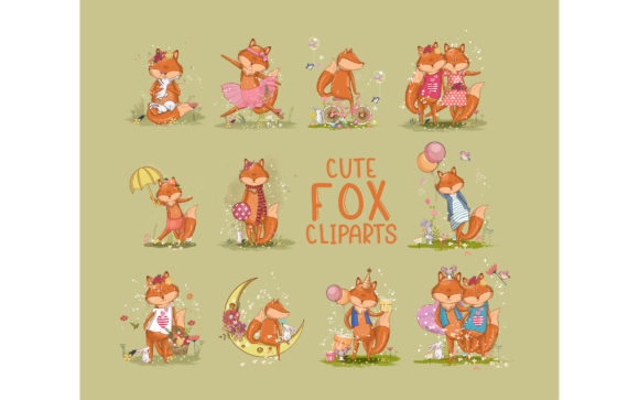 Download Sets of Cute Fox Vector Illustrations - Illustrations Collection